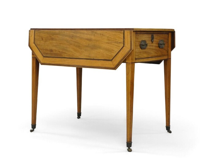 A George III mahogany Pembroke table, satinwood crossbanded, single end drawer with felt lined push back slide and three drawers, raised on square tapered legs to brass caps and castors, 73cm high, 102cm wide, 84cm deep