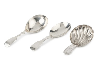 A George III silver caddy spoon, with scalloped bowl and...