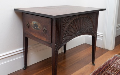 A Georgian style carved and painted mahogany table raised on small brass castors with leaf design and single drawer to left hand side, Height 71cm x Width 82cm x Depth 60cm