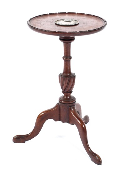 A Georgian style mahogany tripod wine table mounted with a white metal snooker plaque to the centre
