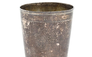 A German Baroque silver beaker, gilt interior, the front engraved with coat...