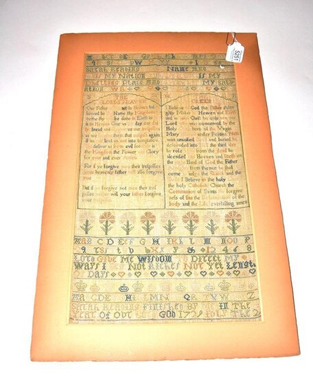 A Good 18th Century Testament Needlework Sampler, dated 1729, finely...