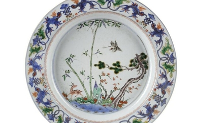 A LARGE CHINESE FAMILLE VERTE 'DEER AND CRANE' DISH