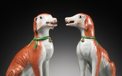 A LARGE PAIR OF CHINESE EXPORT PORCELAIN HOUNDS, QIANLONG PERIOD
