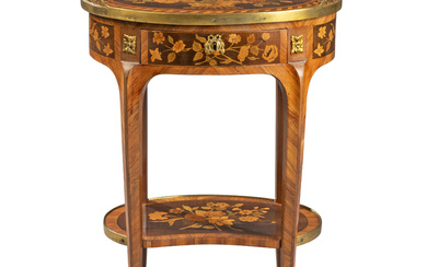 A LOUIS XV ORMOLU-MOUNTED TULIPWOOD, AMARANTH, HAREWOOD, GREEN-STAINED SYCAMORE AND FRUITWOOD MARQUETRY OCCASIONAL TABLE BY LÉONARD BOUDIN, CIRCA 1770
