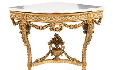 A Louis XVI Style Painted and Parcel Gilt Marble-Top Corner Table