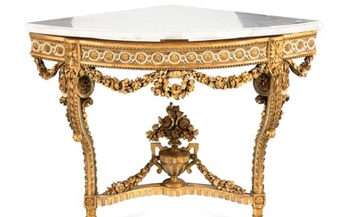 A Louis XVI Style Painted and Parcel Gilt Marble-Top Corner Table