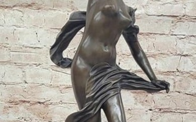 A. Moreau Nude Lady with Bird Art Nouveau Inspired Bronze Sculpture on Marble Base - 28.5" x 8.5"