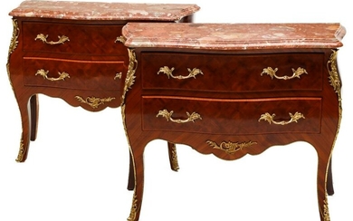 A PAIR LATE 20TH CENTURY BOMBE COMMODES WITH MARBLE