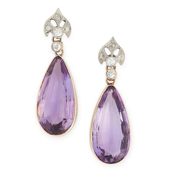 A PAIR OF ANTIQUE AMETHYST AND DIAMOND EARRINGS in high