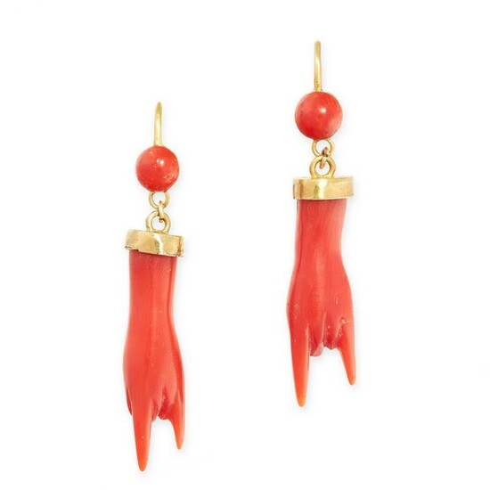 A PAIR OF ANTIQUE CORNICELLO CORAL HAND EARRINGS in