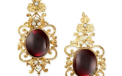 A PAIR OF ANTIQUE GARNET AND PEARL EARRINGS, 19TH