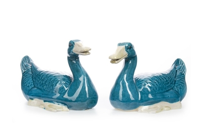 A PAIR OF CHINESE BLUE GLAZED DUCKS