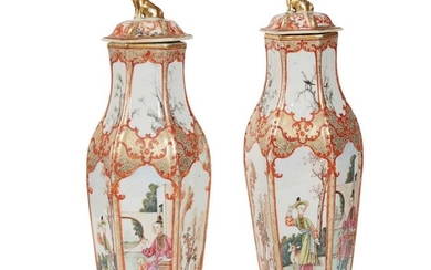 A PAIR OF CHINESE FAMILLE ROSE PORCELAIN HEXAGONAL COVERED VASES QING DYNASTY, LATE 18TH/19TH CENTURY