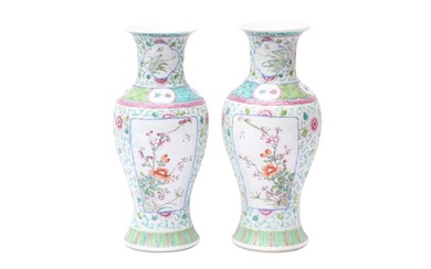 A PAIR OF CHINESE FAMILLE-ROSE VASES 清十九世紀 粉彩開光花卉紋瓶一對 《康熙年製》款