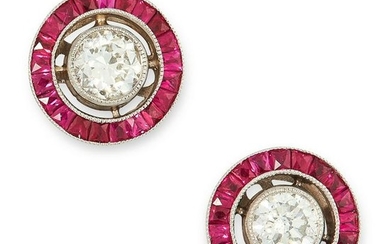 A PAIR OF DIAMOND AND RUBY TARGET EARRINGS set with