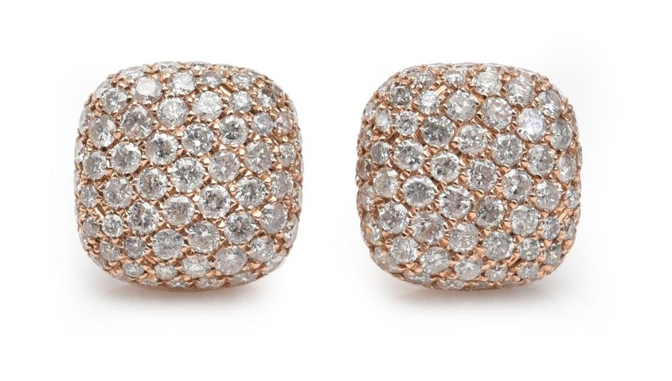 A PAIR OF DIAMOND EARRINGS IN 18CT ROSE GOLD, EACH CUSHION SHAPED PLAQUE PAVÉ SET WITH ROUND BRILLIANT CUT DIAMONDS TOTALLING 1.83CT...