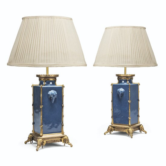A PAIR OF FRENCH ORMOLU-MOUNTED POWDER-BLUE PORCELAIN SQUARE VASES MOUNTED AS LAMPS