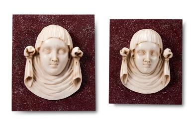A PAIR OF ITALIAN STATUARY MARBLE FEMALE MASK PANELS, 16TH/EARLY 17TH CENTURY