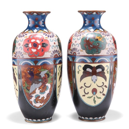 A PAIR OF JAPANESE CLOISONNÉ VASES, baluster form with short...