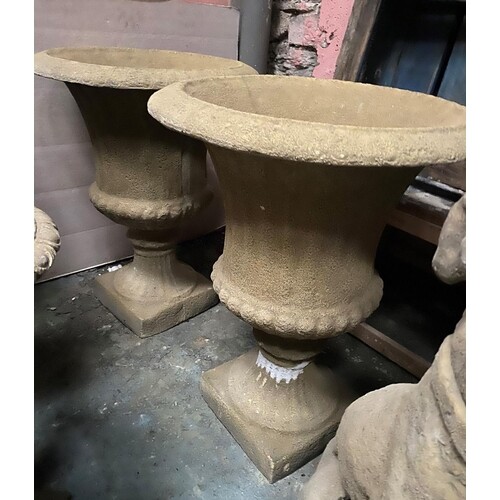 A PAIR OF LARGE CAMPANA STYLE GARDEN URNS, 80cm high x 55cm ...