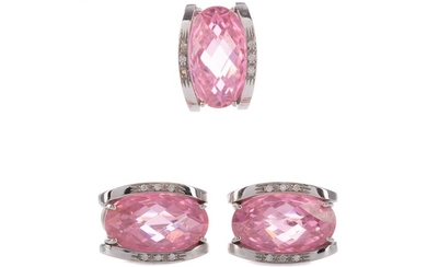 A PINK GEM SET AND DIAMOND PENDANT AND EARRINGS
