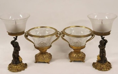 A Pair Of Gilt Bronze & Glass Urns Together With