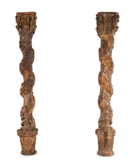 A Pair of Carved and Polychrome Painted Columns