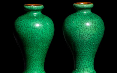 A Pair of Chinese Green Ground Crackled Glazed Porcelain Vases