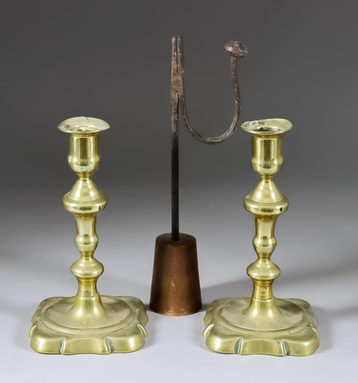 A Pair of English Brass Candlesticks, Mid 18th Century,...