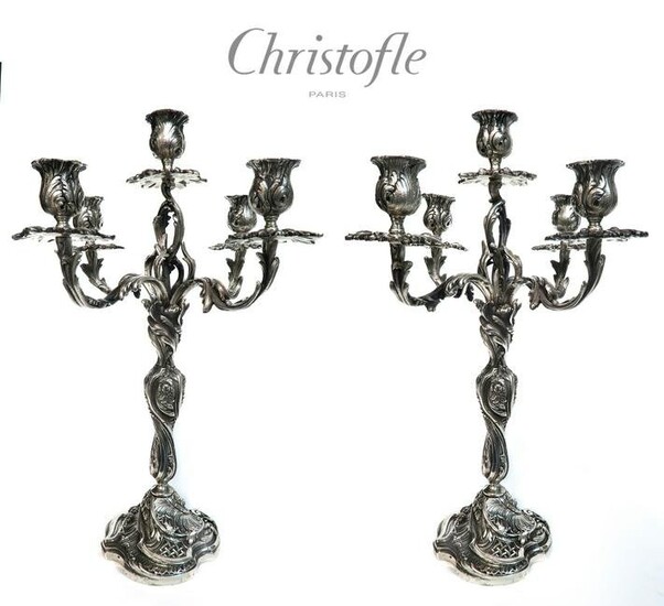 A Pair of French Silver Plated Five Light Candelabra