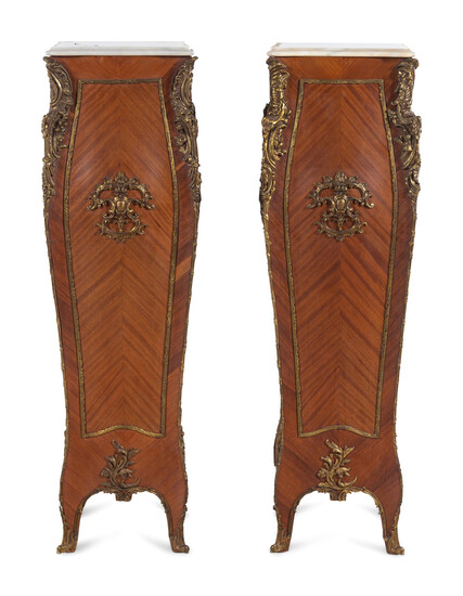 A Pair of Louis XV Style Gilt Metal Mounted Marble-Top Pedestals