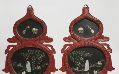 A Pair of Red Lacquer Panels Inlaid With Jade and Precious Stones, 19th Century