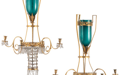 A Pair of Russian Neoclassical Ormulu and Green Glass Four-Light Appliques