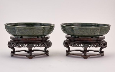 A Pair of Spinach Jade Bowls Width 8 3/4 "