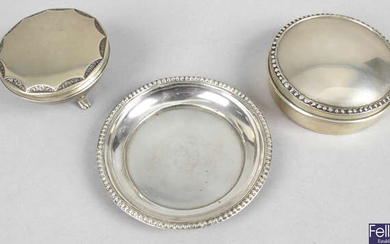 A Portuguese silver circular lidded pot and a similar dish, a further lidded pot on three legs, plus a leaf dish & a silver lidded glass vanity pot. (5).