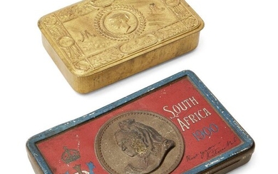 A Queen Victoria South Africa Boer War chocolate tin gift box, 1900, with stamped portrait of Queen Victoria, and printed monogram VRI, South Africa 1900 and in simulated writing I wish you a happy New Year, Victoria R .., 2.1cm high, 15.6cm wide...