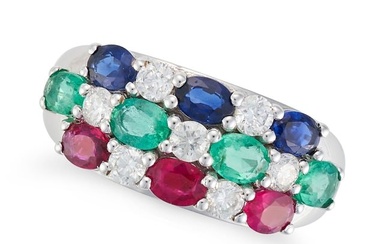A RUBY, EMERALD, SAPPHIRE AND DIAMOND DRESS RING in 18ct white gold, in checkerboard design set with