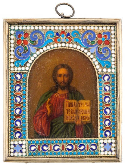 A RUSSIAN TRAVELING ICON OF CHRIST PANTOCRATOR WITH GILT SILVER AND CLOISONNE ENAMEL FRAME, V. MOROZOV, MOSCOW, 1908-1917