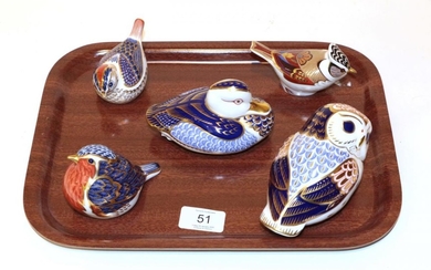 A Royal Crown Derby Imari palette Owl paperweight; a Duck;...