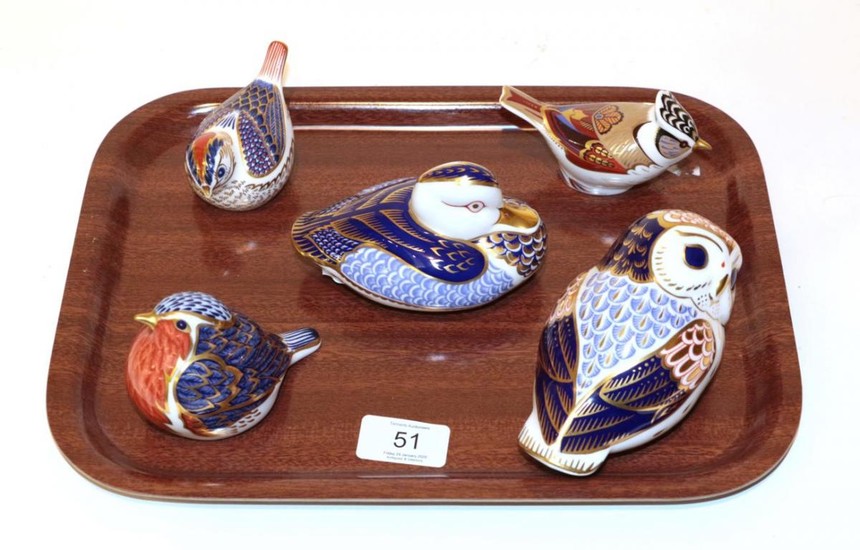 A Royal Crown Derby Imari palette Owl paperweight; a Duck;...