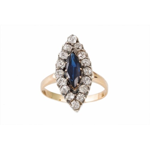 A SAPPHIRE AND DIAMOND NAVETTE CLUSTER RING, mounted in 14ct...