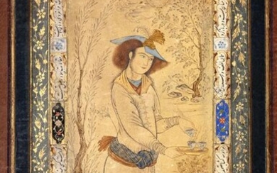 A SEATED PRINCE WITH A WINE BOTTEL AND CUP, PERSIA