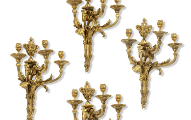A SET OF FOUR FRENCH ORMOLU THREE-BRANCH WALL-LIGHTS LATE 19TH/...