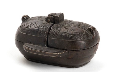 A SMALL INSCRIBED BRONZE OVAL OIL LAMP, DENG China, Han...