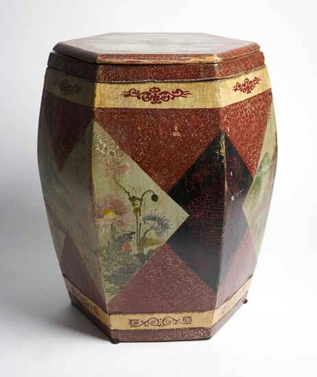 A SOUTHERN CHINESE DRUM STOOL-FORM PAINTED BOX QING DYNASTY (1644-1912), CIRCA 19TH CENTURY