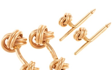 A Set of Gold Knot Cufflinks & Studs in 14K