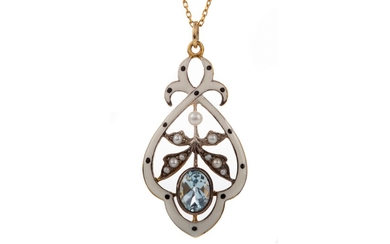 A TOPAZ, PEARL AND ENAMEL PENDANT