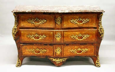 A VERY GOOD 18TH CENTURY LOUIS XV TULIP WOOD AND MARBLE