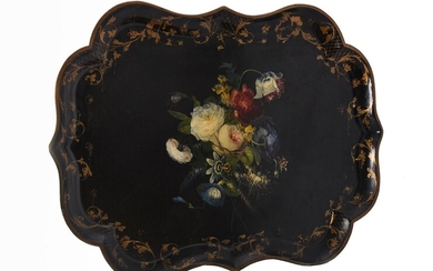 A Victorian black lacquered and painted papier mache tray